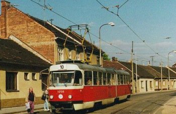 A view of one of the Brno trams stopping for some passengers