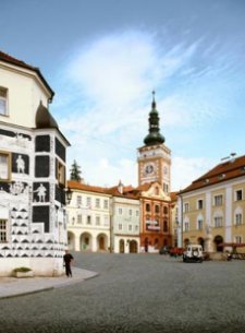 View into Mikulov Square with ornate buildings in the foreground