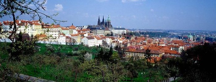 The red roofs of Prague as seen from a park-like hillside