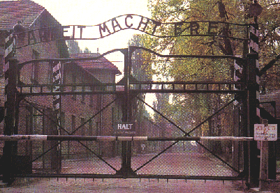 The camp entrance with the Arbeit Macht Frei sign
