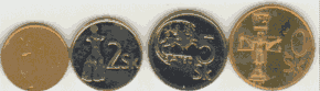1 Sk, 2 Sk, 5 Sk, 10 Sk coins. The 1 Sk coin shows a sculpture of Madonna from Master Paul's altar in Levoca (1507-1518)