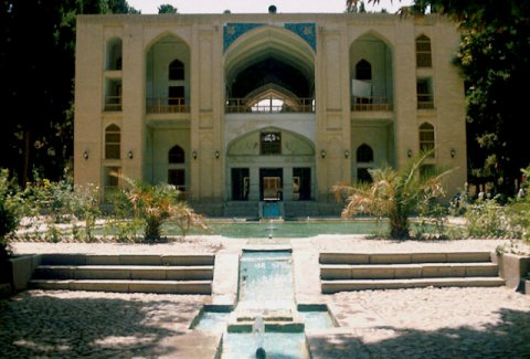 Exterior view of the central pavilion showing the front pool