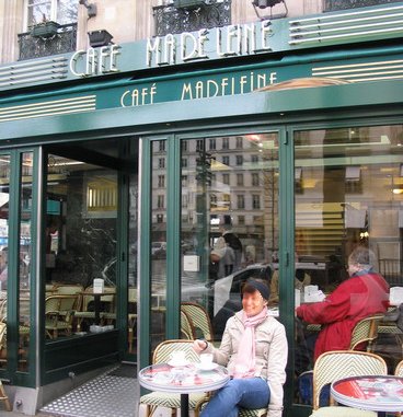 Enjoying a cafe au lait at Cafe Madeleine