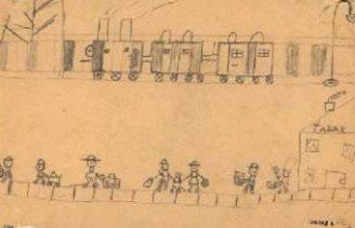 Drawing of train boxcars and people with suitcases