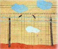Drawing of fence with birds and clouds in the background