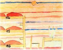 Colorful drawing of numbered bunk beds and table
