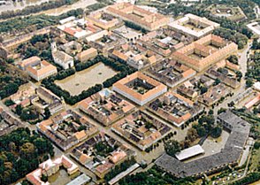 Ariel view of Terezin, a memorial of the Holocaust. In the late 18th century, the Emperor Josef II had a fortress built. In the early 1940s, the Nazis established here a transit ghetto for Jewish prisoners.