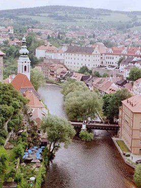 View into Cesky Krumlov snuggeled around the river, Vltava