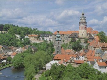 View of the Cesky Krumlov castle overlooking the river